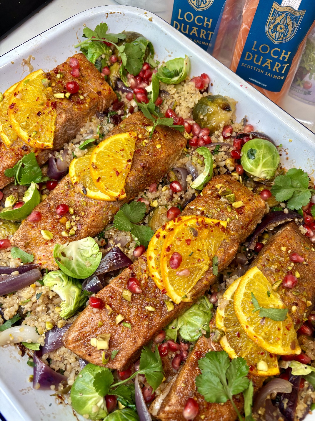 Featured image for “Roasted Orange, Cranberry and Spiced Salmon Traybake with Brussel Sprout Grains”